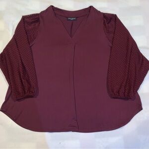 Lane Bryant Top Blouse 26/28 Burgundy Wine Long Balloon Sleeve Sheer Textured